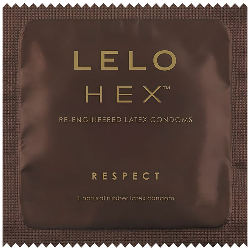 Lelo Hex Respect XL Box 3 featuring a transparent condom with a unique hexagonal structure, designed for larger sizes and enhanced sensations.