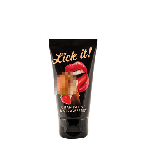 Lick It Champagne & Strawberry water-based lubricant bottle with a champagne and strawberry flavor design.