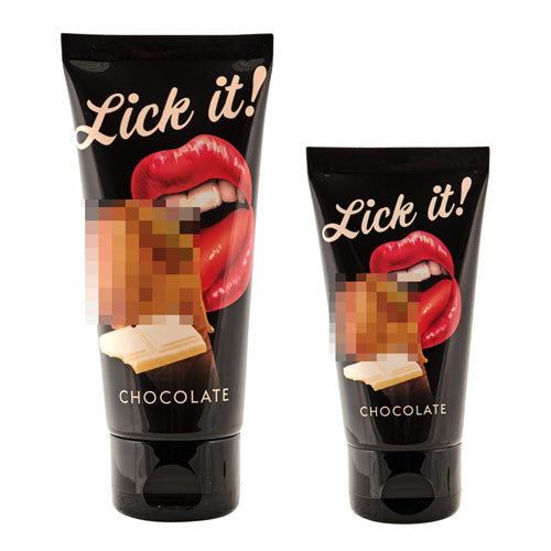 A bottle of Lick It Chocolate water-based lubricant with a chocolate flavor, designed for enhancing intimacy and pleasure.