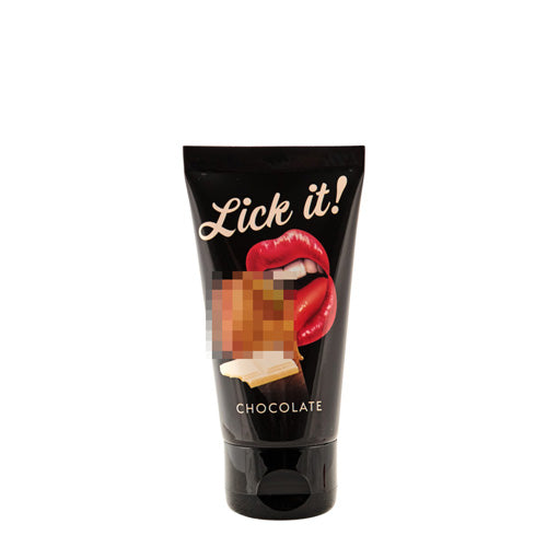 A bottle of Lick It Chocolate water-based lubricant with a chocolate flavor, designed for enhancing intimacy and pleasure.