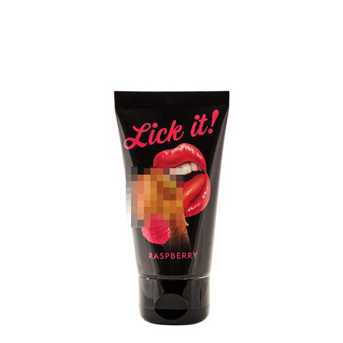 Lick It Raspberry water-based personal lubricant bottle with a raspberry design, showcasing its enticing flavor and scent.