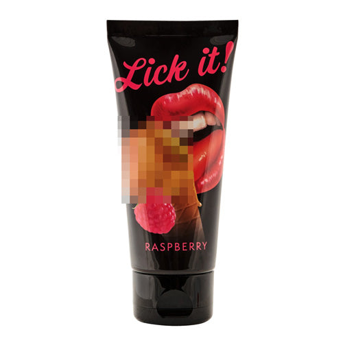 Lick It Raspberry water-based personal lubricant bottle with a raspberry design, showcasing its enticing flavor and scent.