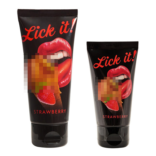 Lick It Strawberry water-based personal lubricant bottle with a fruity design, showcasing its strawberry flavor and soft texture.