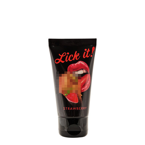 Lick It Strawberry water-based personal lubricant bottle with a fruity design, showcasing its strawberry flavor and soft texture.