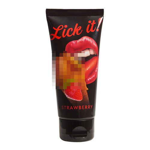 Lick It Strawberry water-based personal lubricant bottle with a fruity design, showcasing its strawberry flavor and soft texture.