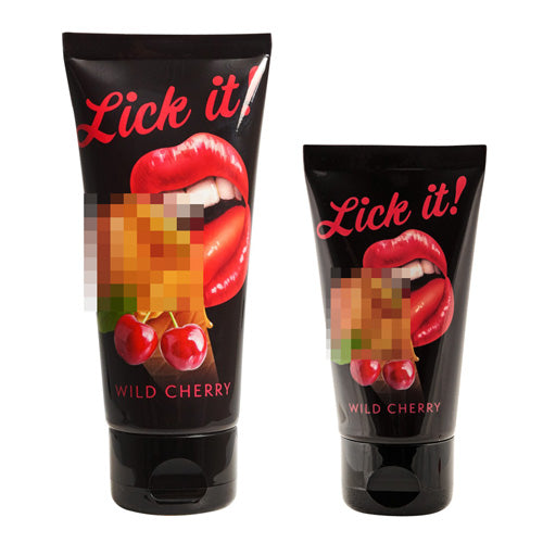 Lick It Wild Cherry water-soluble personal lubricant bottle with a vibrant cherry design, showcasing its delicious flavor and smooth texture.