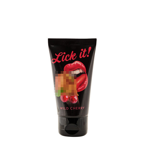 Lick It Wild Cherry water-soluble personal lubricant bottle with a vibrant cherry design, showcasing its delicious flavor and smooth texture.