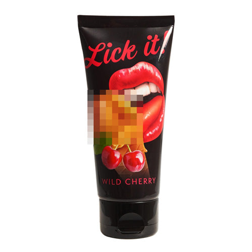 Lick It Wild Cherry water-soluble personal lubricant bottle with a vibrant cherry design, showcasing its delicious flavor and smooth texture.