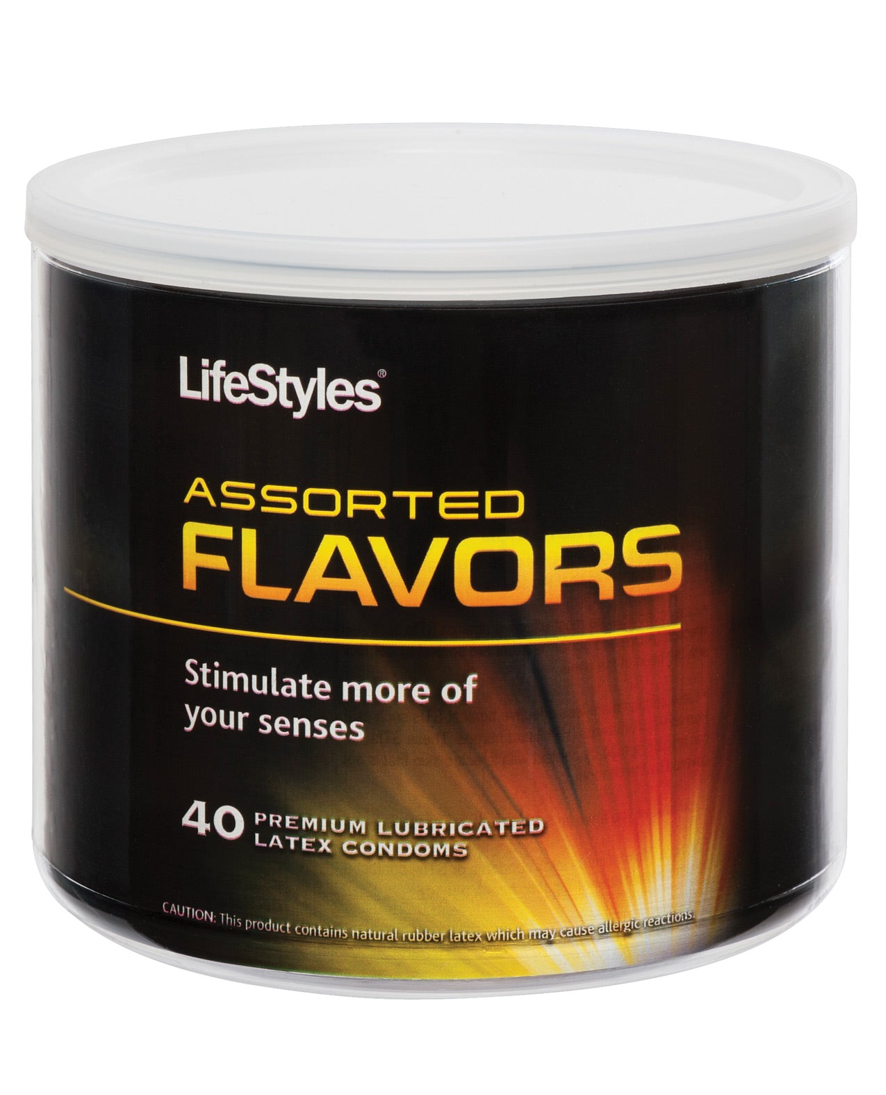 LifeStyles Assorted Flavors Bowl of 40 featuring Very Strawberry, Sensuous Vanilla, and Banana flavored condoms in a colorful bowl.