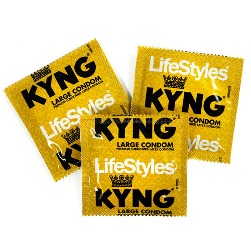 LifeStyles KYNG condoms in a sleek packaging, showcasing their larger size and smooth texture.