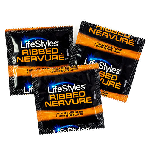 A pack of LifeStyles Ribbed condoms showcasing their ribbed texture and transparent design, emphasizing pleasure and safety.