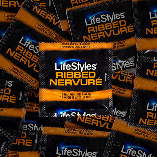 A pack of LifeStyles Ribbed condoms showcasing their ribbed texture and transparent design, emphasizing pleasure and safety.