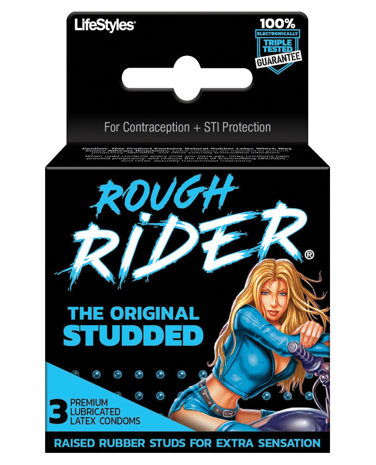 Lifestyles Rough Rider Studded Box 3 condoms, featuring a textured design for enhanced stimulation, packaged in a sleek box.