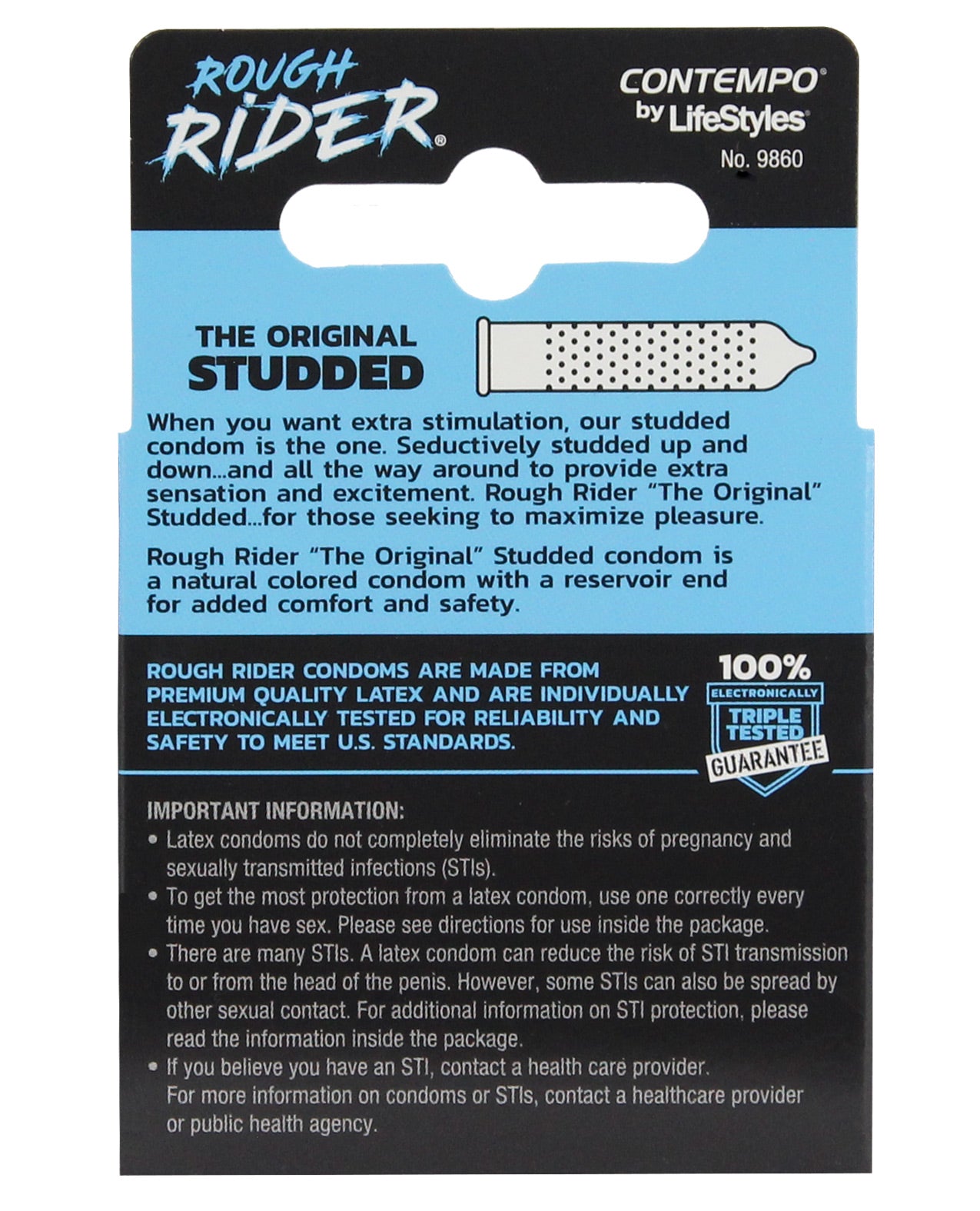 Lifestyles Rough Rider Studded Box 3 condoms, featuring a textured design for enhanced stimulation, packaged in a sleek box.