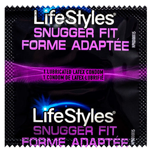 LifeStyles Snugger Fit condoms in a clear packaging, showcasing their lubricated, flared shape and natural rubber latex material.