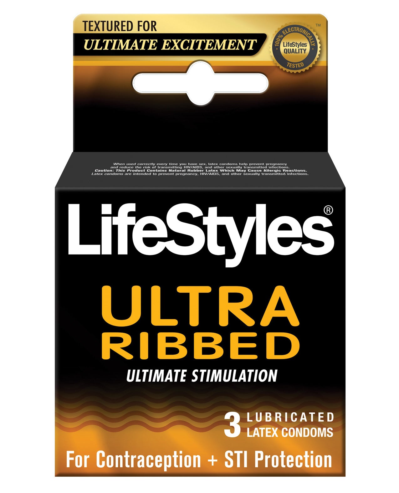 LifeStyles Ultra Ribbed Box 3 condoms featuring ribbed texture for enhanced pleasure, packaged in a sleek box.