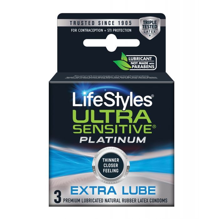 LifeStyles Ultra Sensitive Platinum Extra Lube Box 3 condoms, featuring ultra-thin latex for enhanced sensitivity and pre-lubricated for maximum pleasure.