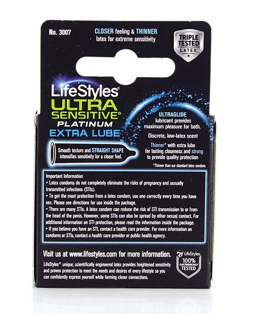 LifeStyles Ultra Sensitive Platinum Extra Lube Box 3 condoms, featuring ultra-thin latex for enhanced sensitivity and pre-lubricated for maximum pleasure.