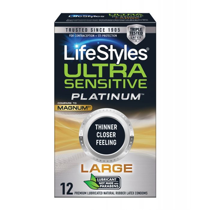 LifeStyles Ultra Sensitive Platinum Large condoms in a box, showcasing their sleek design and packaging.