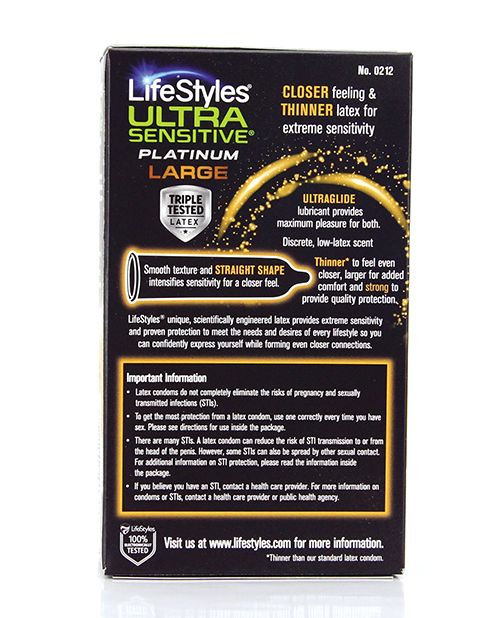 LifeStyles Ultra Sensitive Platinum Large condoms in a box, showcasing their sleek design and packaging.