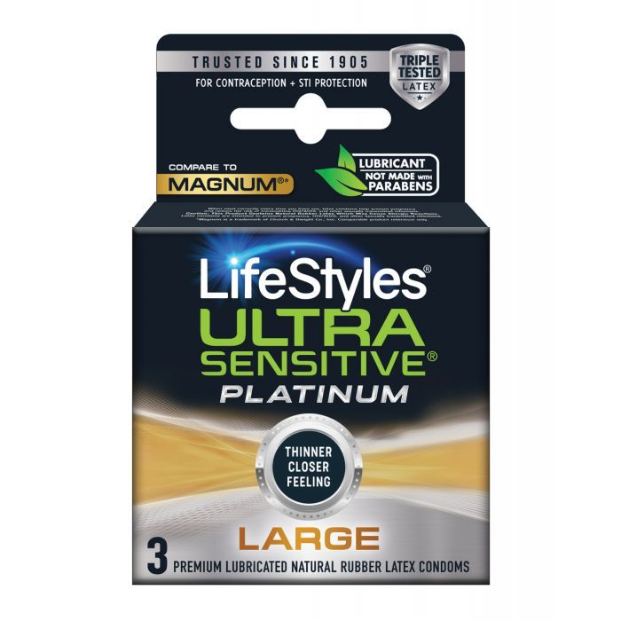 LifeStyles Ultra Sensitive Platinum Large condoms in a box, showcasing their smooth texture and wider design for enhanced intimacy.