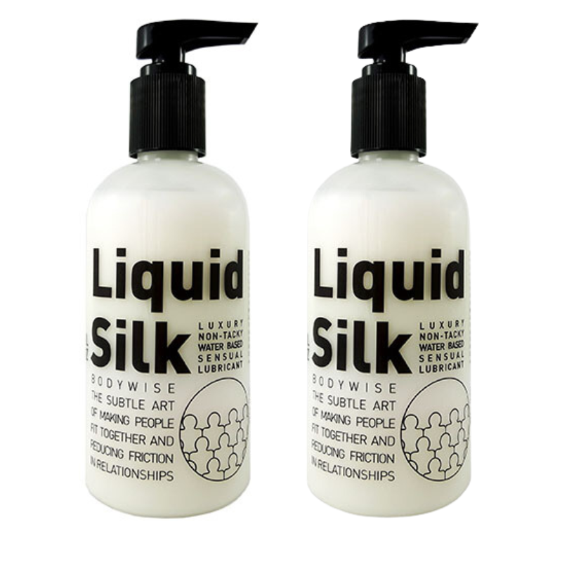 Two 250ml bottles of Liquid Silk water-based personal lubricant, elegantly designed for enhanced intimacy.