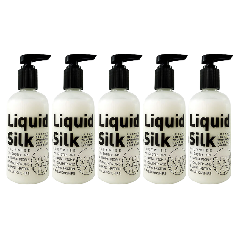 Five 250ml bottles of Liquid Silk water-based lubricant, showcasing its sleek design and luxurious branding.