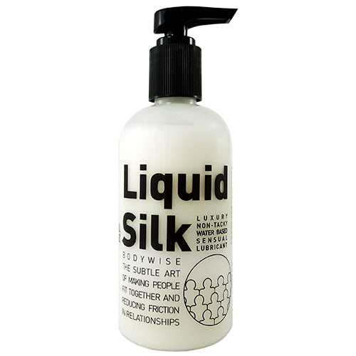 Liquid Silk 250ml water-based personal lubricant bottle with a sleek design.