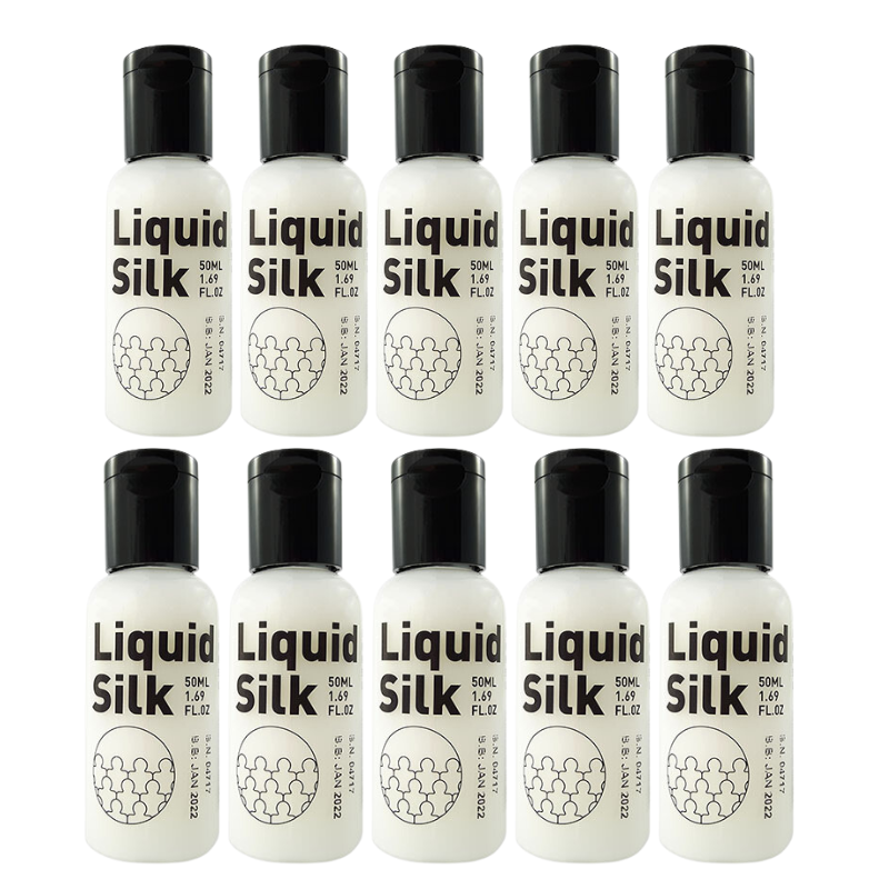 Liquid Silk lubricant bottles, 50ml each, packaged in a box, showcasing a luxurious and smooth design.