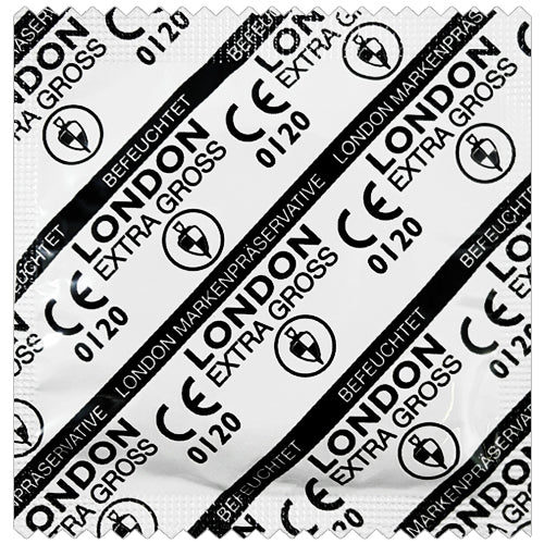 London Extra Gross condoms in packaging, showcasing their larger size and natural rubber latex material.