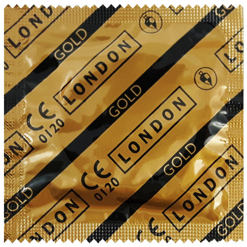 Pack of London Gold condoms featuring lubricated, anatomically shaped natural rubber latex design.