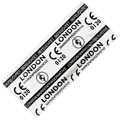 A pack of London Wet lubricated natural rubber latex condoms, featuring a classic design and clear packaging.