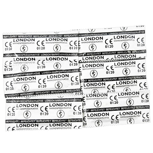 A pack of London Wet lubricated natural rubber latex condoms, featuring a classic design and clear packaging.