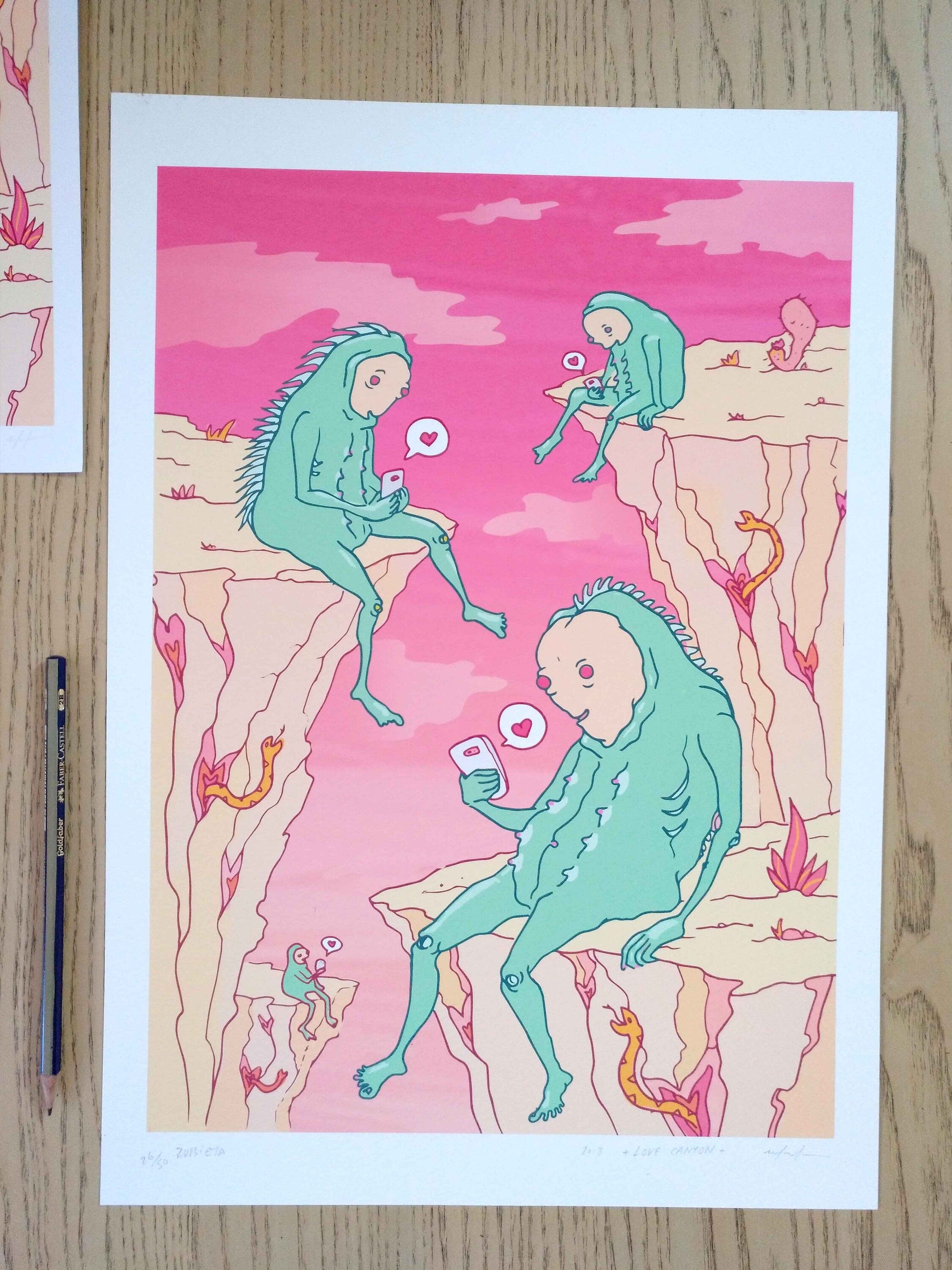 Love Canyon art print featuring aliens seeking connection, printed on fine art paper with vibrant colors.