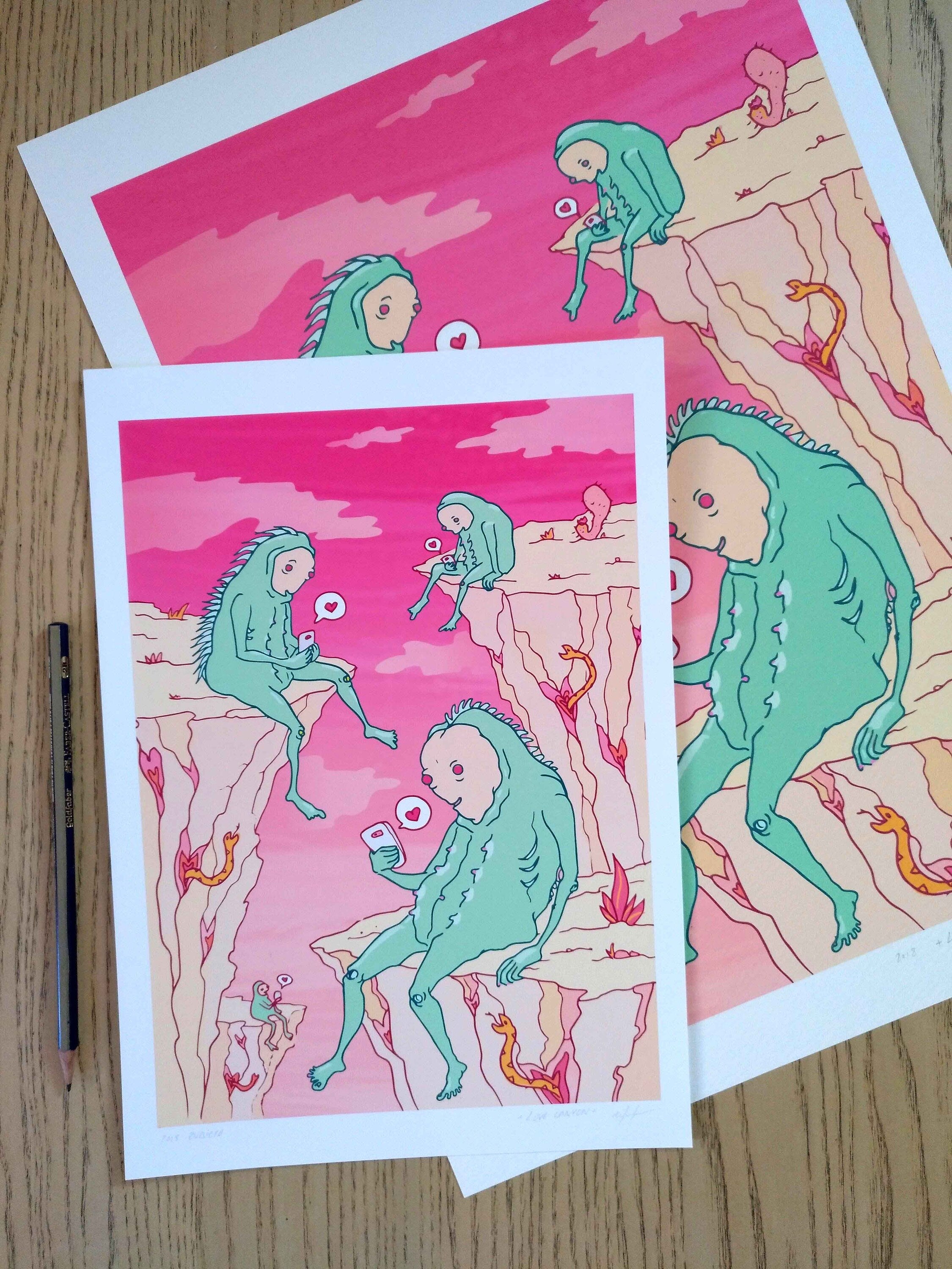 Love Canyon art print featuring aliens seeking connection, printed on fine art paper with vibrant colors.