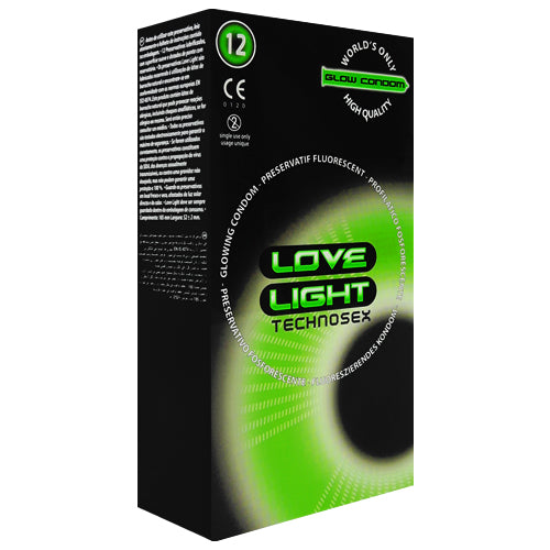 Love Light Glow Box 12 featuring glowing in the dark natural rubber latex condoms, packaged attractively for fun and safety.