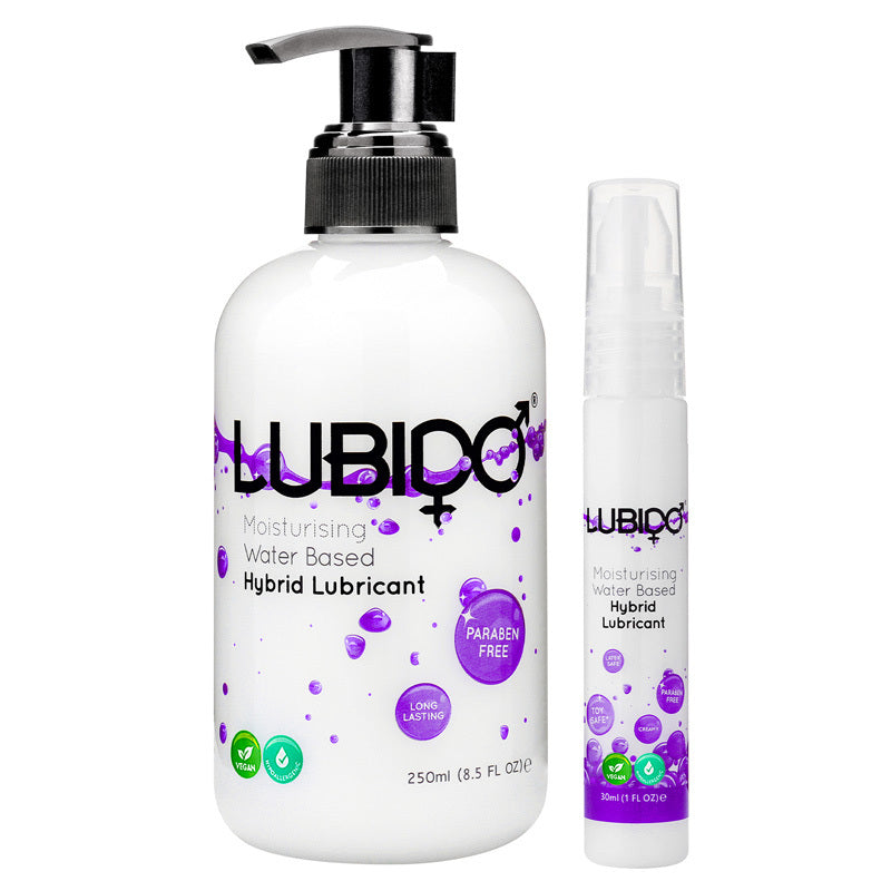 Lubido Hybrid moisturizing hybrid lubricant in a sleek bottle, showcasing its creamy consistency and premium quality.