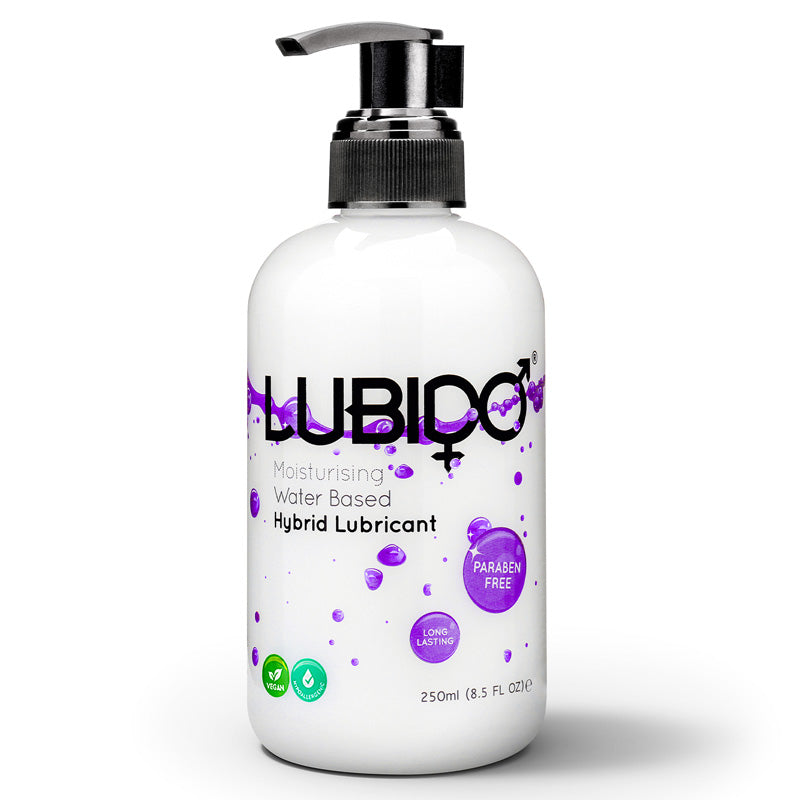 Lubido Hybrid moisturizing hybrid lubricant in a sleek bottle, showcasing its creamy consistency and premium quality.