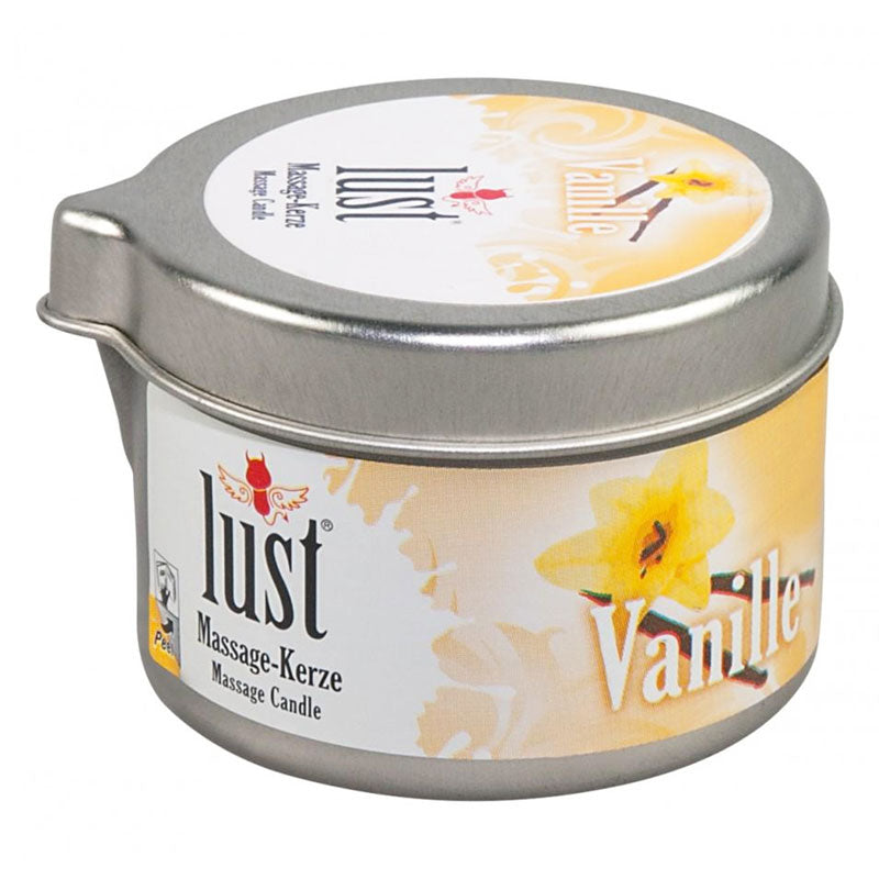 Lust Vanille Massage Candle 50ml with mixed vanilla and strawberry scent, designed for sensual massages and relaxation.