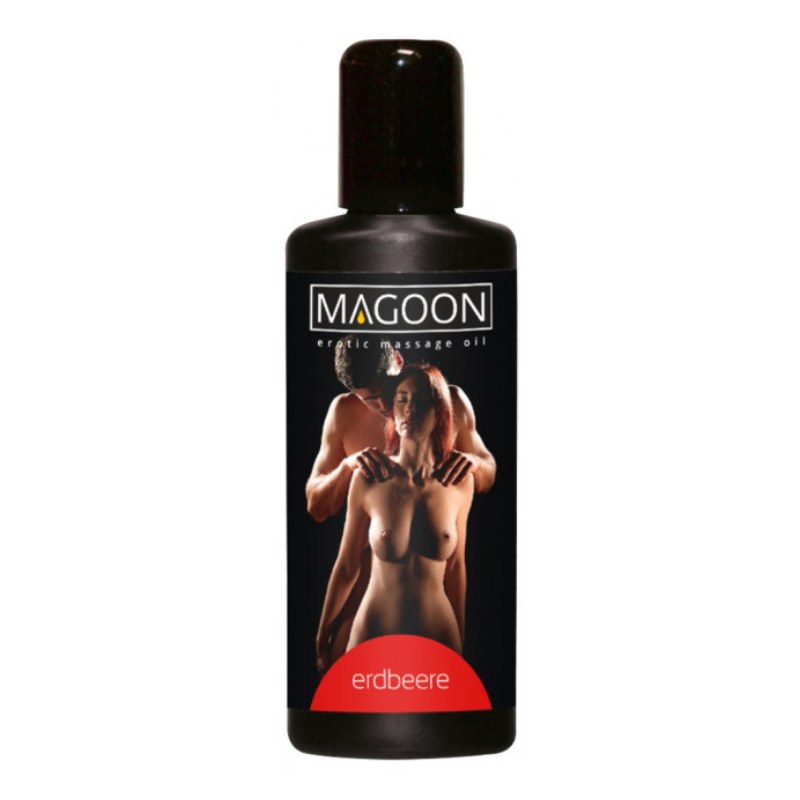 Magoon Erotic Massage Oil Erdbeere 100ml bottle with a sweet strawberry scent, perfect for sensual massages.