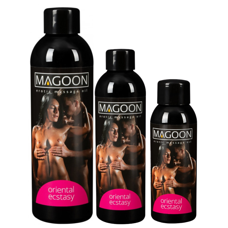 Magoon Erotic Massage Oil Oriental Ecstasy bottle with a luxurious design, showcasing its exotic fragrance and premium quality.