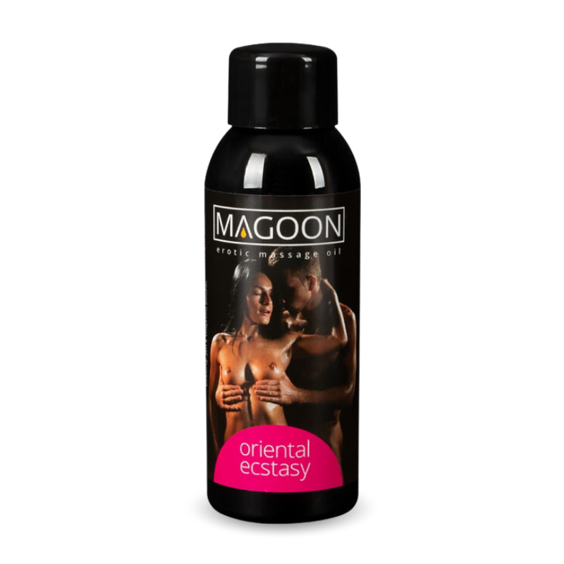 Magoon Erotic Massage Oil Oriental Ecstasy bottle with a luxurious design, showcasing its exotic fragrance and premium quality.