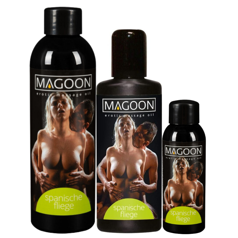 Magoon Erotic Massage Oil Spanish Fly bottle with a sleek design, showcasing its luxurious and sensual appeal.