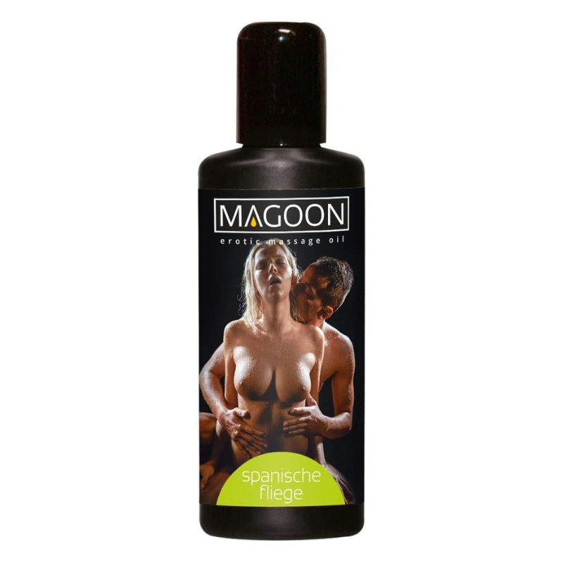 Magoon Erotic Massage Oil Spanish Fly bottle with a sleek design, showcasing its luxurious and sensual appeal.