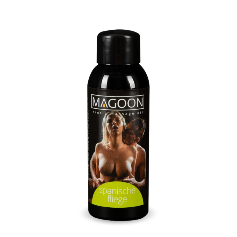 Magoon Erotic Massage Oil Spanish Fly bottle with a sleek design, showcasing its luxurious and sensual appeal.