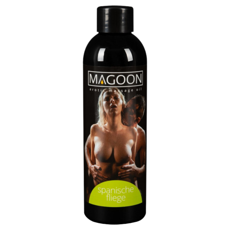 Magoon Erotic Massage Oil Spanish Fly bottle with a sleek design, showcasing its luxurious and sensual appeal.