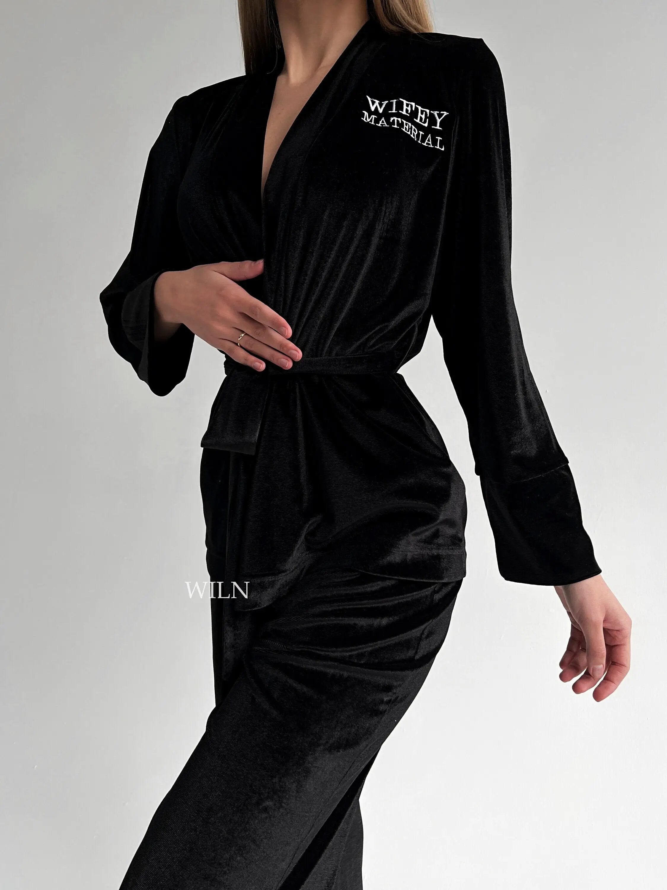 Luxurious black velour robe with elegant kimono sleeves, personalized with initials, perfect for brides and special occasions.