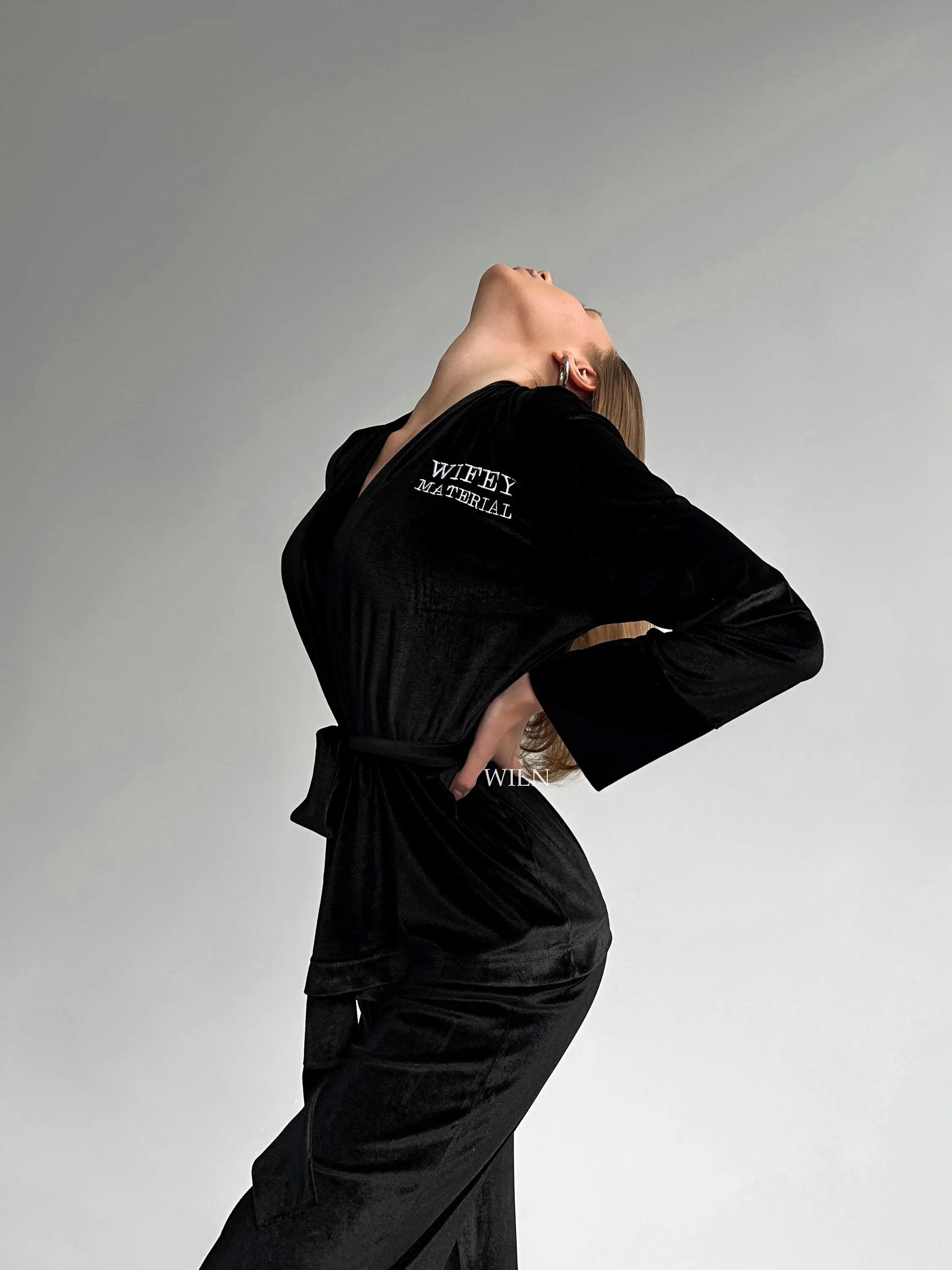 Luxurious black velour robe with elegant kimono sleeves, personalized with initials, perfect for brides and special occasions.