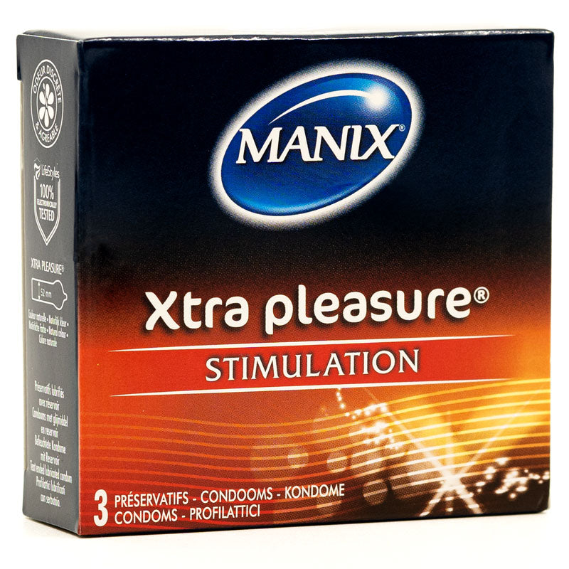 Mates Xtra Pleasure Box 3 condoms featuring ribbed texture and stimulating shape for enhanced pleasure.