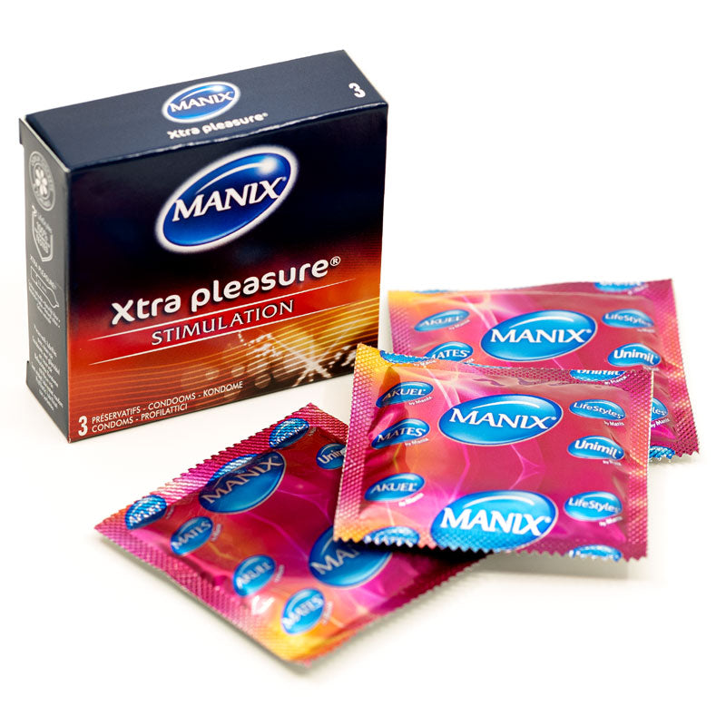 Mates Xtra Pleasure Box 3 condoms featuring ribbed texture and stimulating shape for enhanced pleasure.